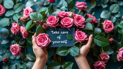 TAKE CARE OF YOURSELF sign in female hands among roses. Self care motivation concept