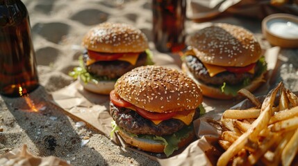 Summertime beach picnic with juicy burgers and cold beer - obrazy, fototapety, plakaty