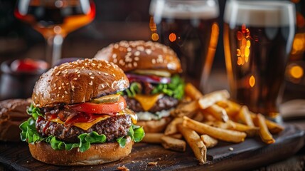 Delicious gourmet burgers with fries and a variety of ales on a casual setting - obrazy, fototapety, plakaty