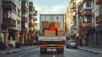 Fototapeta premium Truck filled with boxes and furniture for moving