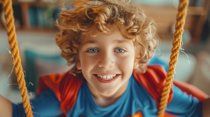 Happy child playing superhero with dental floss cape, imagination and oral health concept - obrazy, fototapety, plakaty