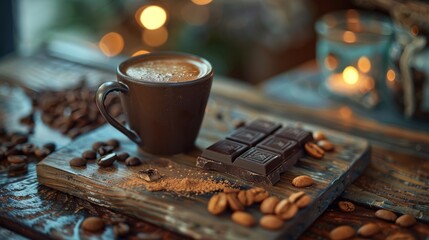 Cozy coffee cup with chocolate and beans on rustic wooden table