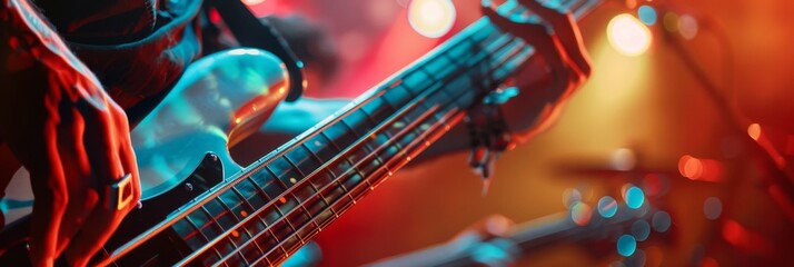 Ñlose-up image of a bass players hands in motion, creating rhythmic melodies on an electric bass...