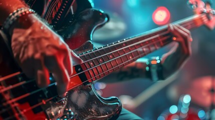 Naklejka premium Close-up of hands playing the strings of an electric bus during a live concert