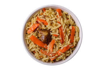 Delicious pilaf with vegetables, salt, spices and herbs in a ceramic plate - 767324705