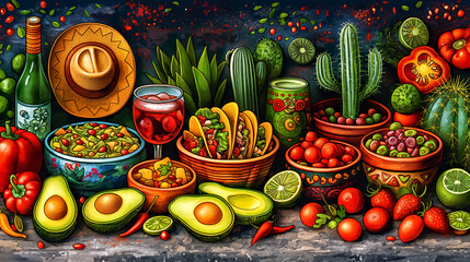 A table full of food with a variety of food, drink and appetizers mexican cuisine. Concept traditional mexican food.