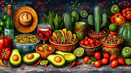 Foto op Canvas A table full of food with a variety of food, drink and appetizers mexican cuisine. Concept traditional mexican food. © Svetlana Kolpakova