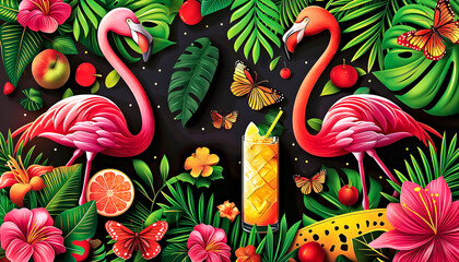 Two flamingos are standing in a lush green jungle with butterflies. Summer tropical frame. Summer time and travel concept.