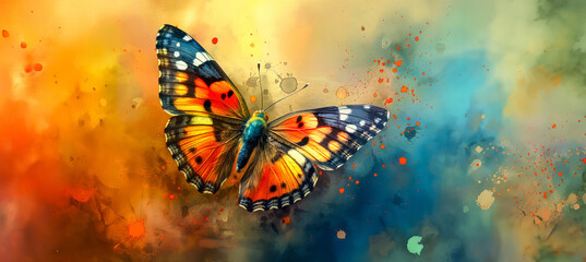 A colorful butterfly with orange wings  surrounded by splatters of paint.