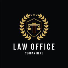 Law academy college logo design gold with shield and laurel wreath