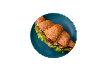 Delicious fresh crispy croissant with chicken or beef meat, lettuce, tomatoes, spices and sauce - 767324773