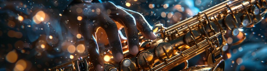 Close-up shot with musician playing the saxophone - obrazy, fototapety, plakaty