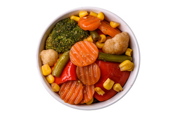 Delicious healthy vegetables steamed carrots, broccoli, asparagus beans and peppers - 767324939