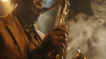Close-up shot with musician playing the saxophone - obrazy, fototapety, plakaty