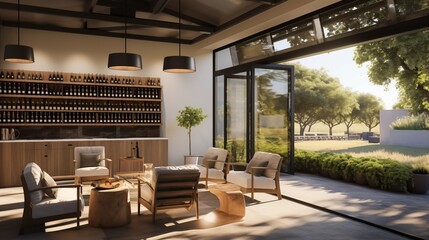Indoor/outdoor wine tasting room with temperature-controlled wine storage lounge and garden views.