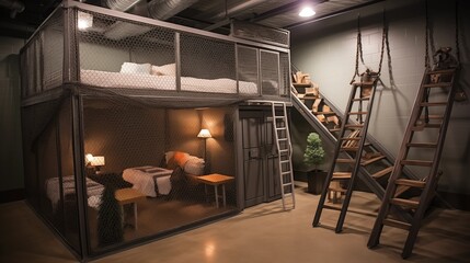 Industrial chic indoor/outdoor kids' fort bunkroom with indoor rock climbing walls netted indoor tree fort loft and rolling metal ladders.