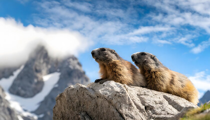 Two animals are perched comfortably on a large rock. One appears to be a squirrel, while the other looks like a bird. Both are sitting side by side, calmly observing their surroundings. 