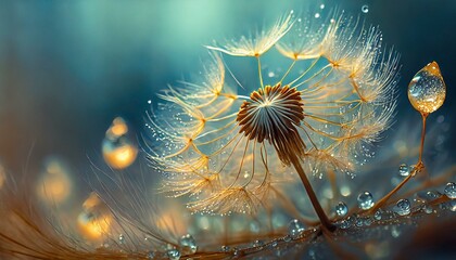 Macro Elegance: Tender Beauty of Dew Drops on Dandelion Seeds Against a Serene Blue Background