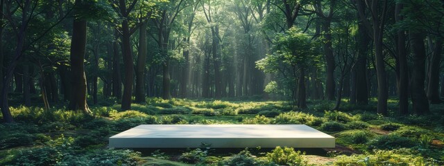 Podium background product green nature 3D forest stand white plant. Cosmetic background product podium display wood jungle studio garden beauty platform presentation mockup pedestal stone tropical - Powered by Adobe