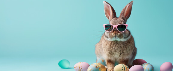 Sunglasses Bunny: Trendy Easter Rabbit with Eggs - Ideal for Marketing, Greetings, and Seasonal Promotions. - obrazy, fototapety, plakaty