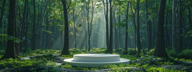Podium background product green nature 3D forest stand white plant. Cosmetic background product podium display wood jungle studio garden beauty platform presentation mockup pedestal stone tropical