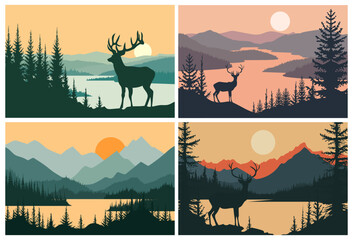 Set of mountain nature landscapes in flat vintage style. Mountains, forest, deer, lakes and rivers against the backdrop of sunsets and sunrises. Wildlife silhouettes. Set of vector illustration.