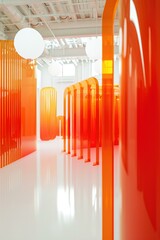 A hallway with orange walls and white floors. Generative AI.