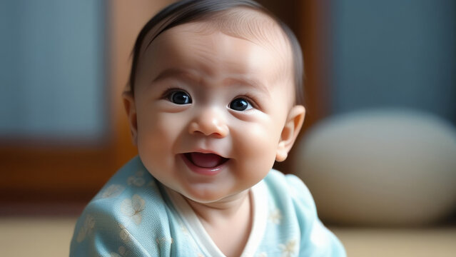cute happy asian baby on blurred abstract background. Portrait photography happy smile asia kid