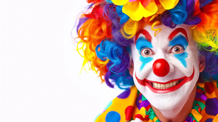 Clown with Multicolored Wig and Makeup Smilling Happily, closeup, white background. April Fool's Day concept.