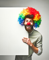Clown with tongue-out, rainbow wig and blank sign for custom messages. April Fool's Day concept.