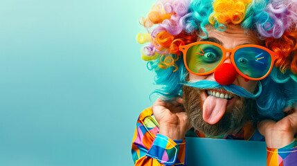 Clown with tongue-out, glasses, rainbow wig and bright makeup, closeup, blue background. April Fool's Day concept.