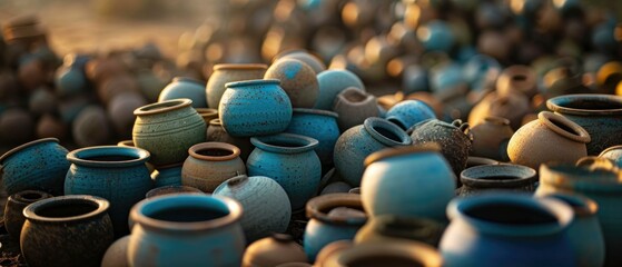 A pile of blue and brown pots sitting on the ground. Generative AI.