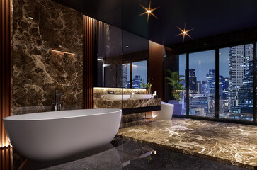 Modern style luxury black bathroom with glossy marble stone 3d render