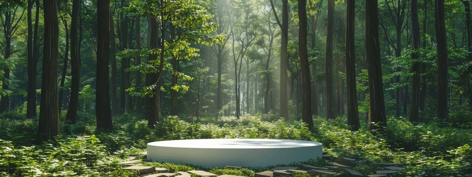 Podium background product green nature 3D forest stand white plant. Cosmetic background product podium display wood jungle studio garden beauty platform presentation mockup pedestal stone tropical