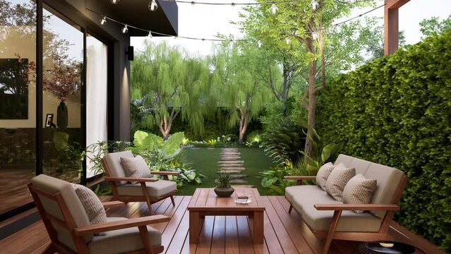Animation of modern contemporary style small wooden terrace with garden view 3d render, there are plank floor green wall fence decorated with white fabric furniture and string light