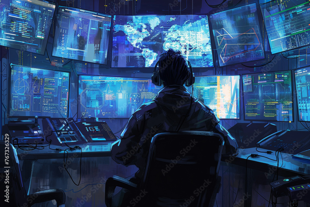 Poster a hacker in a mask sitting in a high-tech control room, multiple screens displaying streams of data.