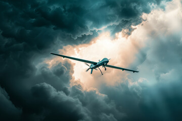 A combat drone hovering in a sky filled with storm clouds. The contrast between the high-tech drone...