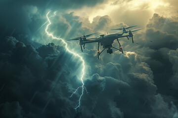 A combat drone hovering in a sky filled with storm clouds. The contrast between the high-tech drone and the raw power of nature creates a striking image