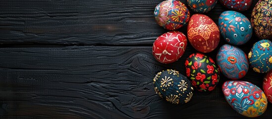 Decorated Easter eggs called Pysanka on a black wooden background with copy space and viewed from the top - obrazy, fototapety, plakaty