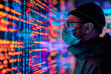 A hacker in a mask standing in front of a large screen displaying complex code. The lines of code are reflected in the mask, creating a mesmerizing effect