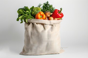 Cloth grocery bag with vegetables isolated on white background. Farm and harvesting concept. Healthy food, vegetables. Mockup, template for design