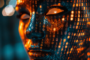 A close-up shot of a hacker mask, with binary code projected onto it. The image captures the fusion of human and machine