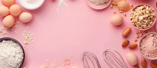 Fotobehang Food ingredients arranged on a soft pink pastel background for baking. Flat lay image with room for text. Overhead view. Baking theme. Mockup. © Vusal