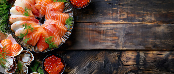 Japanese Seafood background with Japanese Shell, Salmon roe and Tuna of Japanese Sashimi dish on...