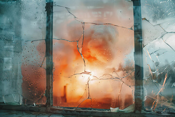 An abstract image of a nuclear explosion, the mushroom cloud seen through a broken window.