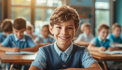 A young boy in a classroom smiles confidently at his desk with other students in the background - obrazy, fototapety, plakaty