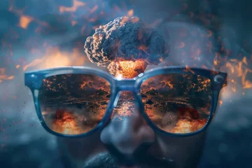  An abstract image of a nuclear explosion, the mushroom cloud reflected in a pair of sunglasses. © Formoney