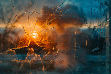 An abstract image of a nuclear explosion, the mushroom cloud seen through a broken window. - obrazy, fototapety, plakaty