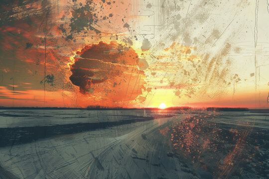 An abstract image of a nuclear explosion, the mushroom cloud casting a long shadow over the landscape.