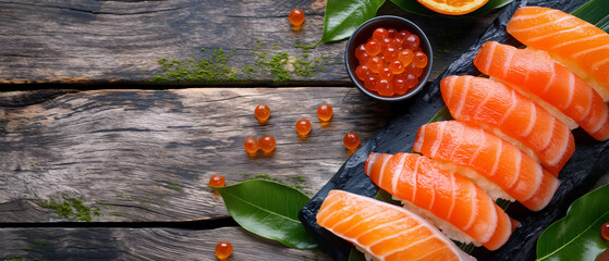 Japanese Seafood background with Japanese Shell, Salmon roe and Tuna of Japanese Sashimi dish on elegant wooden table